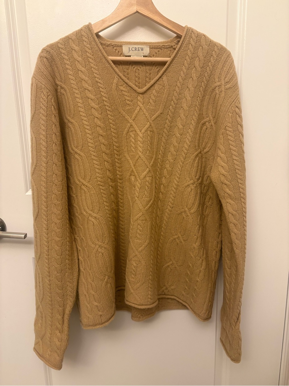 Vintage J.Crew Cable Knit Lambswool Sweater L Tan V-Neck Fall